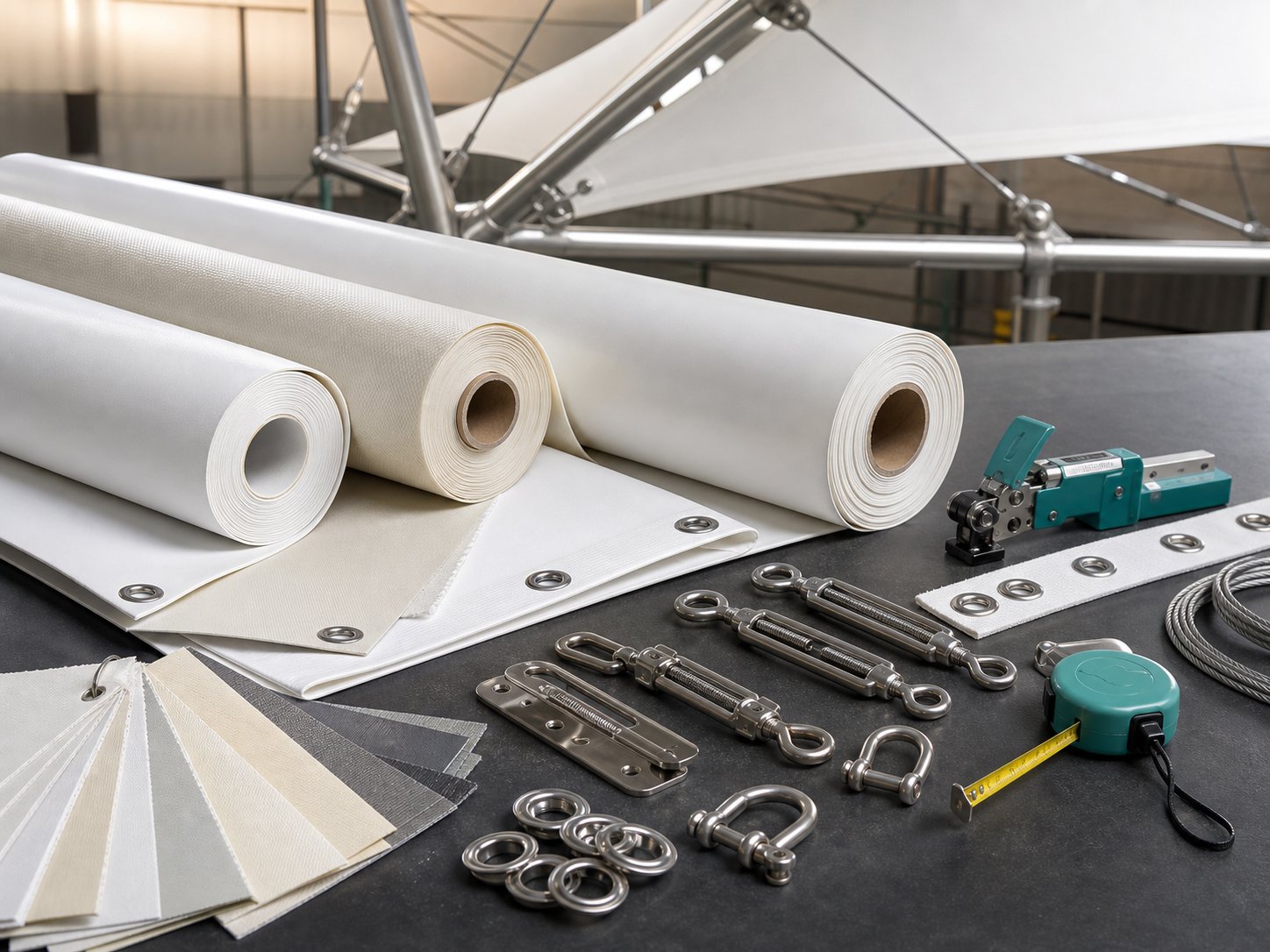 Rollos de lona PVC blackout con herrajes, ojales, tensores y accesorios de instalación
